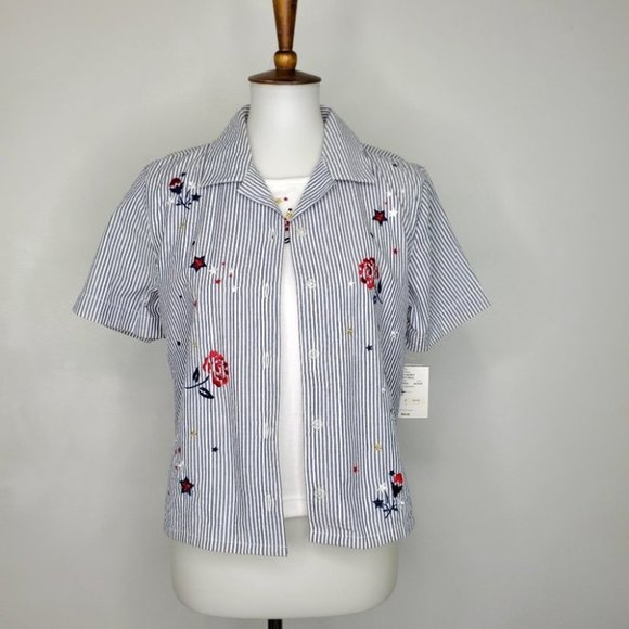 Koret Petite Embroidered Flowers & Stars Striped Top One Piece NEW Size SP - Picture 1 of 16